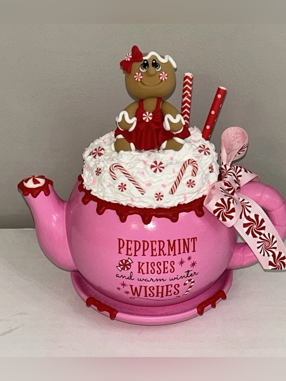 Peppermint Kisses Warm Winter Wishes Fake Gingerbread Dessert Teapot Handmade